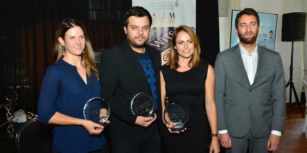 Taco Kuiper Award winners Susan Comrie and Kyle Cowan with runner up Pauli Van Wky and guest speaker Matthew Caruana Galizia, on right 